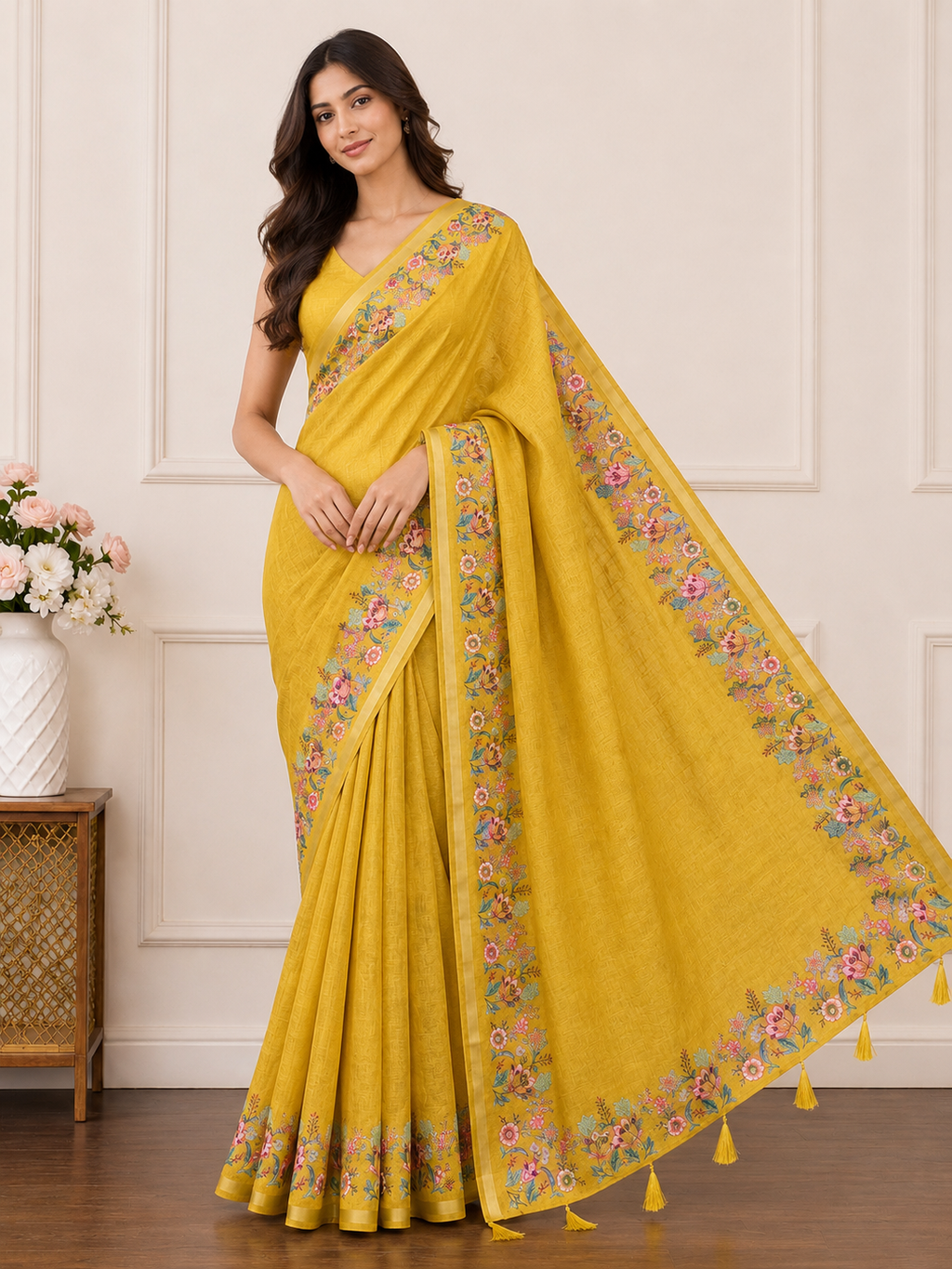Yellow Floral Border Linen Blend Saree for Women | Traditional Ethnic Saree