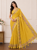 Yellow Floral Border Linen Blend Saree for Women | Traditional Ethnic Saree