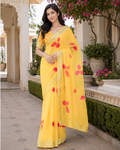 Yellow Floral Printed Linen Blend Saree for Women | Elegant Festive & Casual Wear Saree)