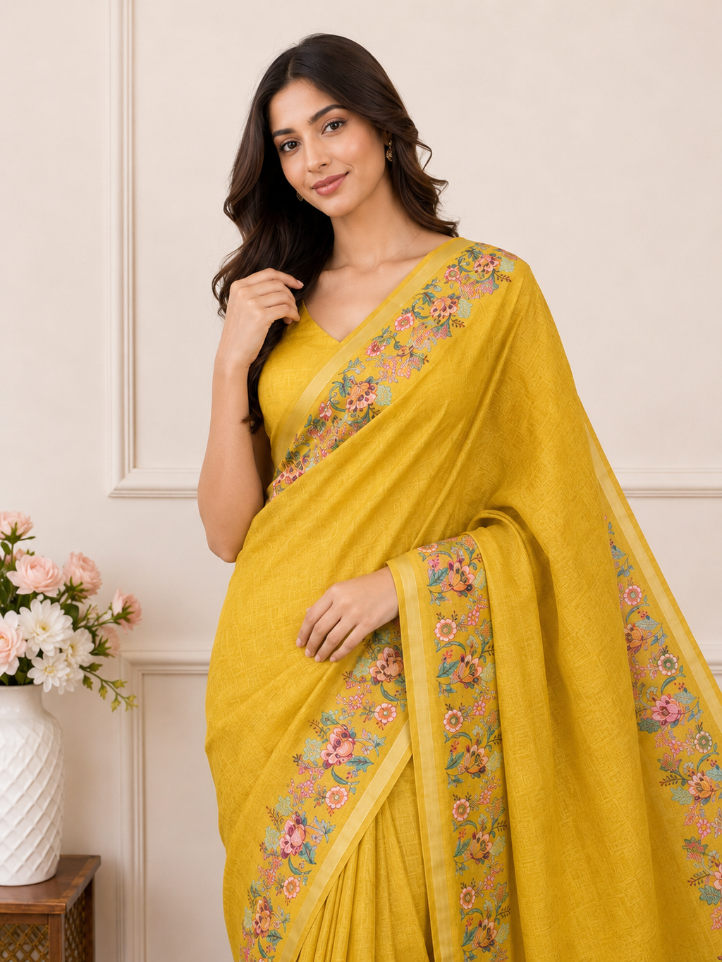 Yellow Floral Border Linen Blend Saree for Women | Traditional Ethnic Saree