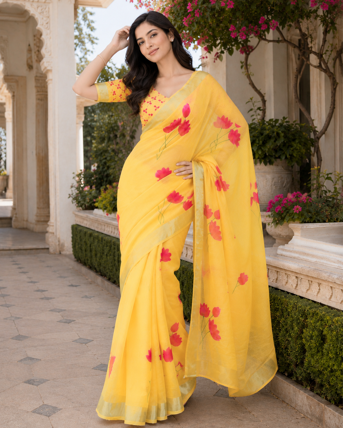 Yellow Floral Printed Linen Blend Saree for Women | Elegant Festive & Casual Wear Saree)