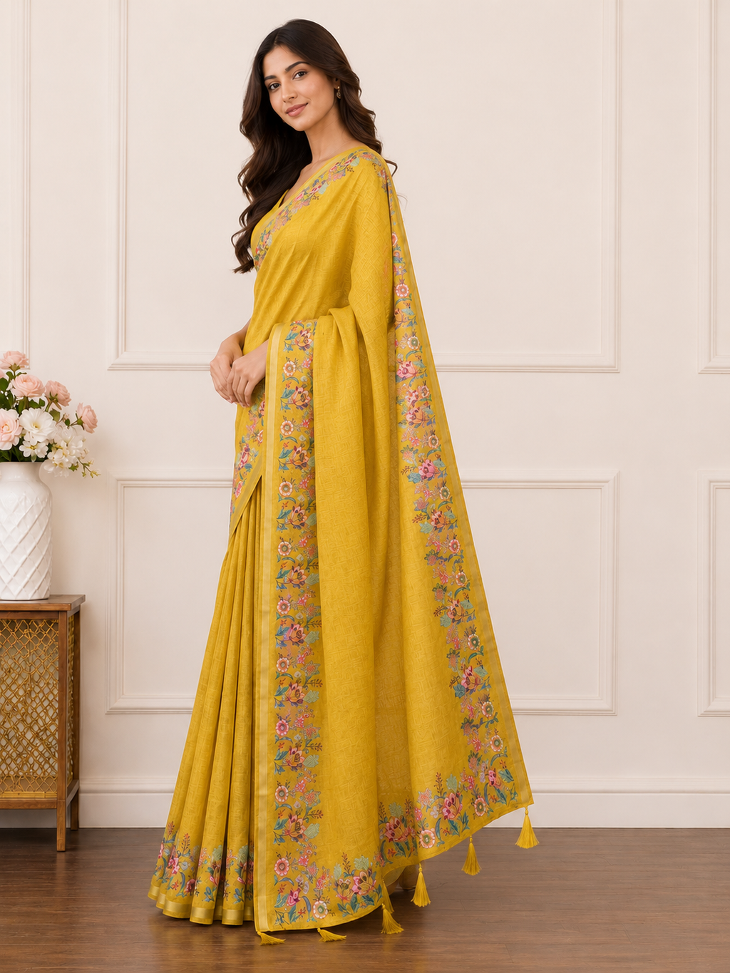 Yellow Floral Border Linen Blend Saree for Women | Traditional Ethnic Saree