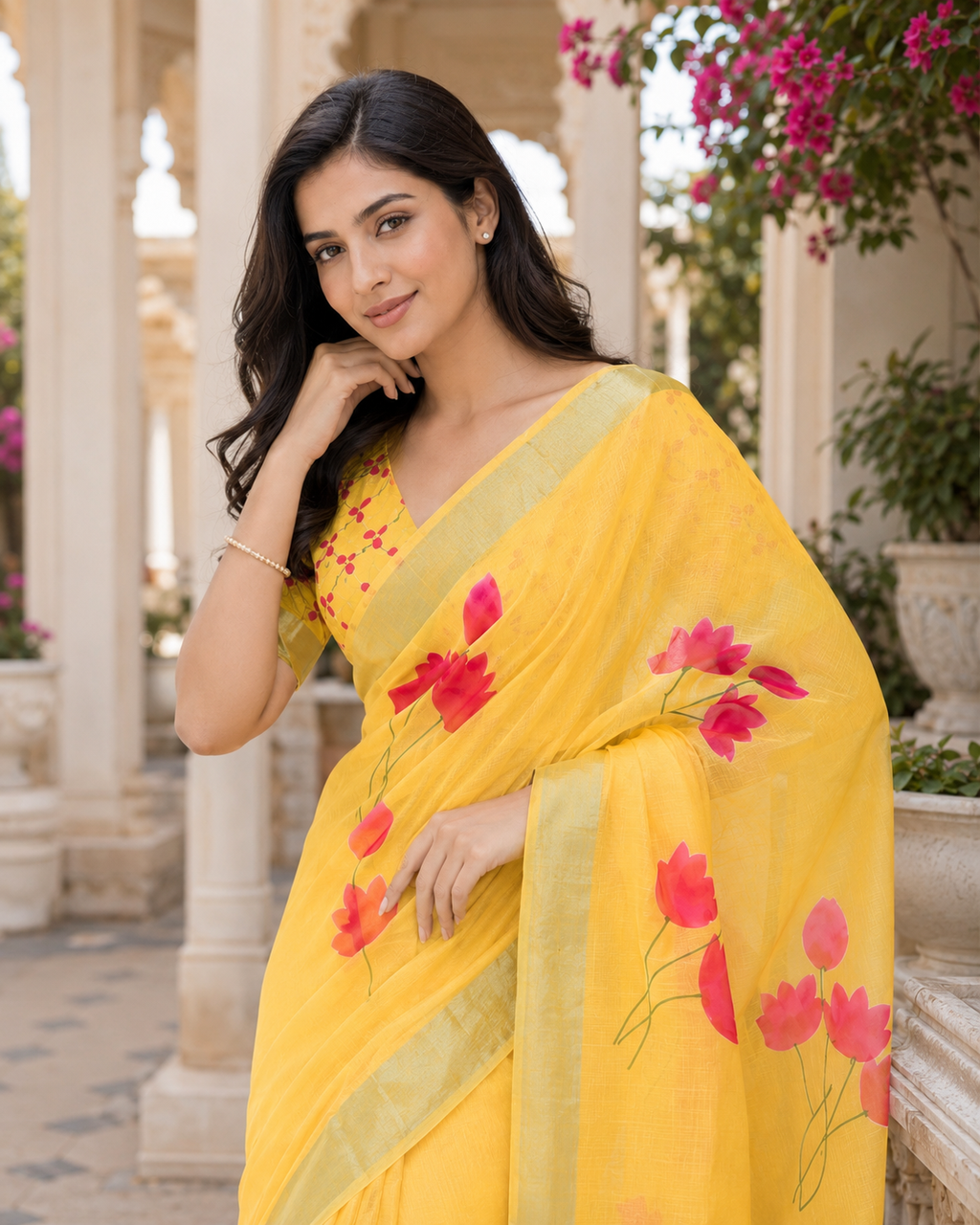 Yellow Floral Printed Linen Blend Saree for Women | Elegant Festive & Casual Wear Saree)