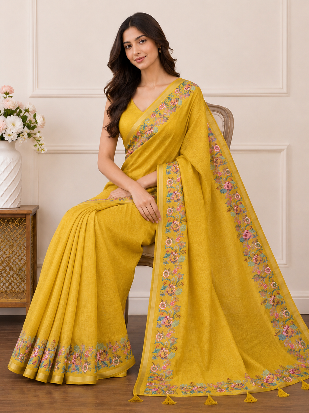 Yellow Floral Border Linen Blend Saree for Women | Traditional Ethnic Saree