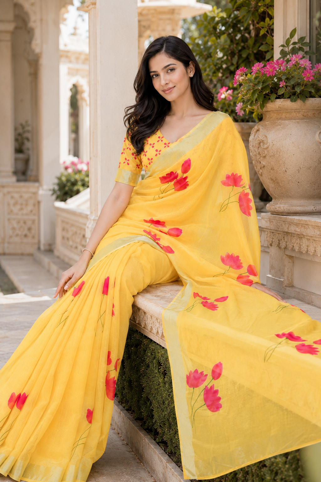 Yellow Floral Printed Linen Blend Saree for Women | Elegant Festive & Casual Wear Saree)