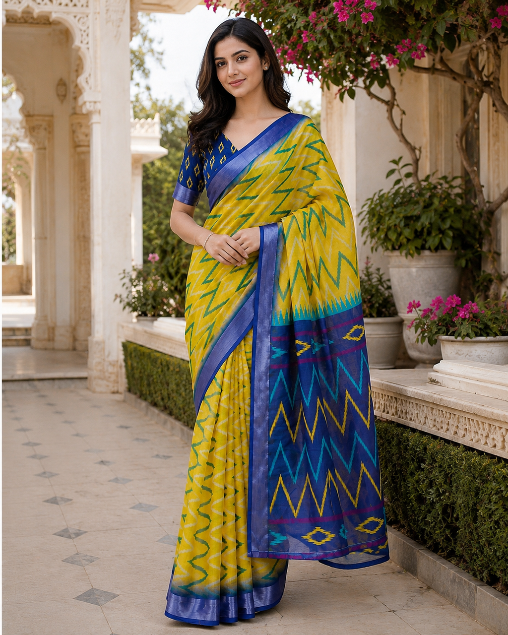 Yellow Blue Ikkat Printed Saree for Women | Traditional Designer Ethnic Saree