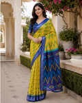 Yellow Blue Ikkat Printed Saree for Women | Traditional Designer Ethnic Saree