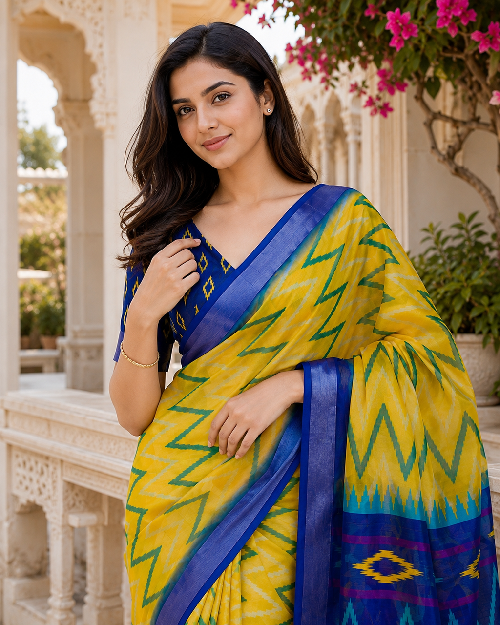 Yellow Blue Ikkat Printed Saree for Women | Traditional Designer Ethnic Saree