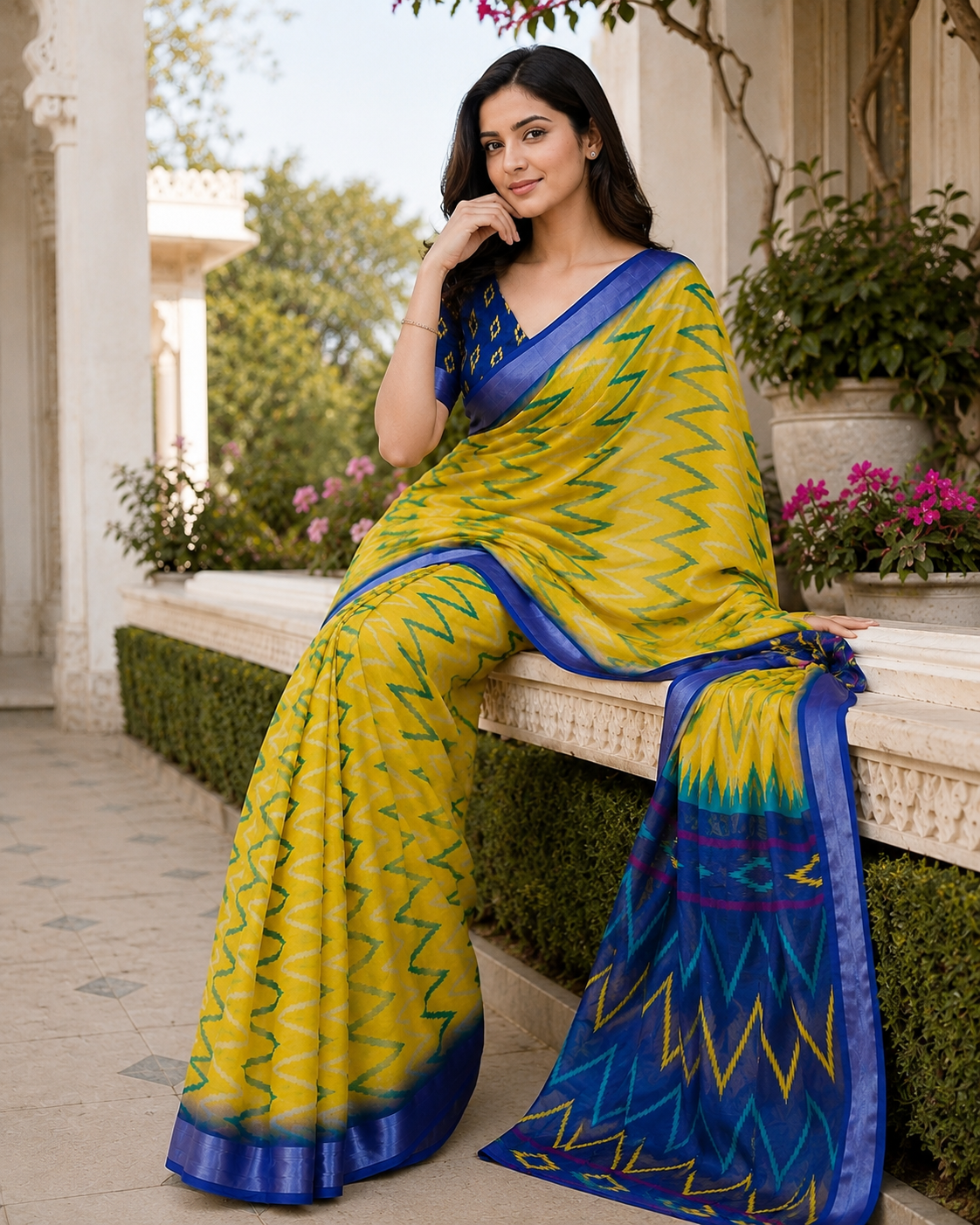 Yellow Blue Ikkat Printed Saree for Women | Traditional Designer Ethnic Saree