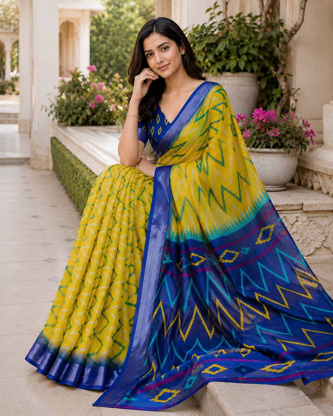 Yellow Blue Ikkat Printed Saree for Women | Traditional Designer Ethnic Saree